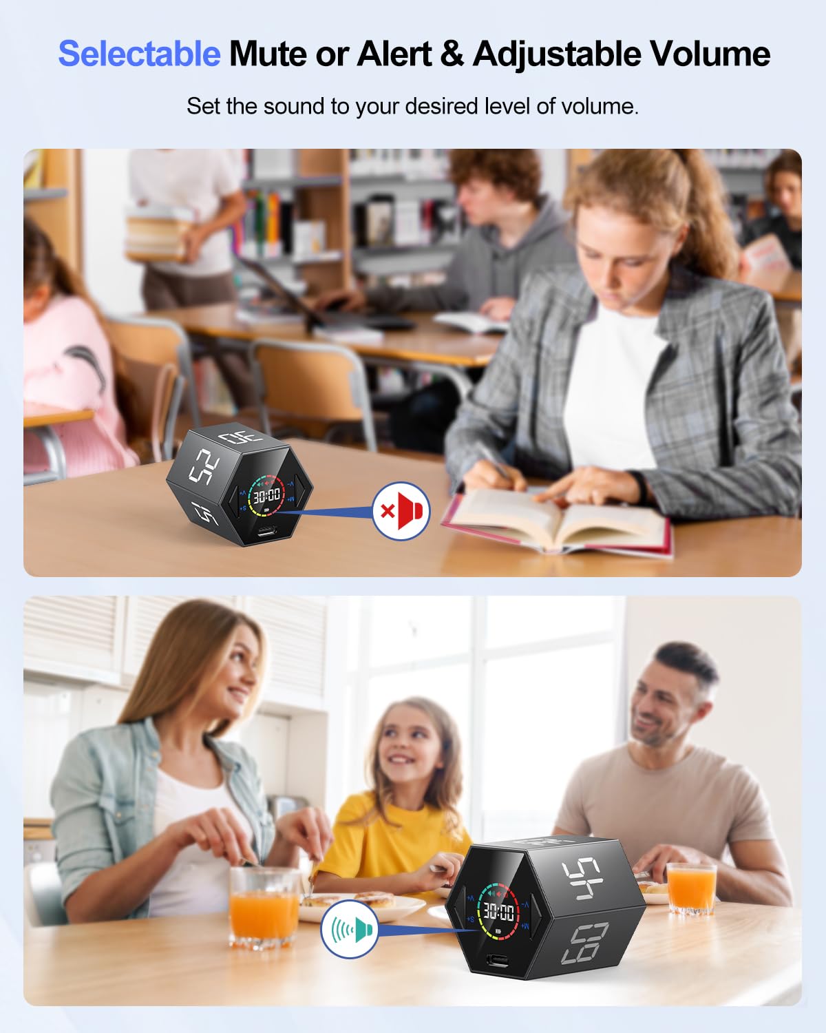 Ticktime Hexagon Pomodoro Timer with Flip Control, Pause & Resume, Custom Countdown & Count-Up, Magnetic Rechargeable Focus Timer with Silent, Vibration & Sound Alerts – Gray