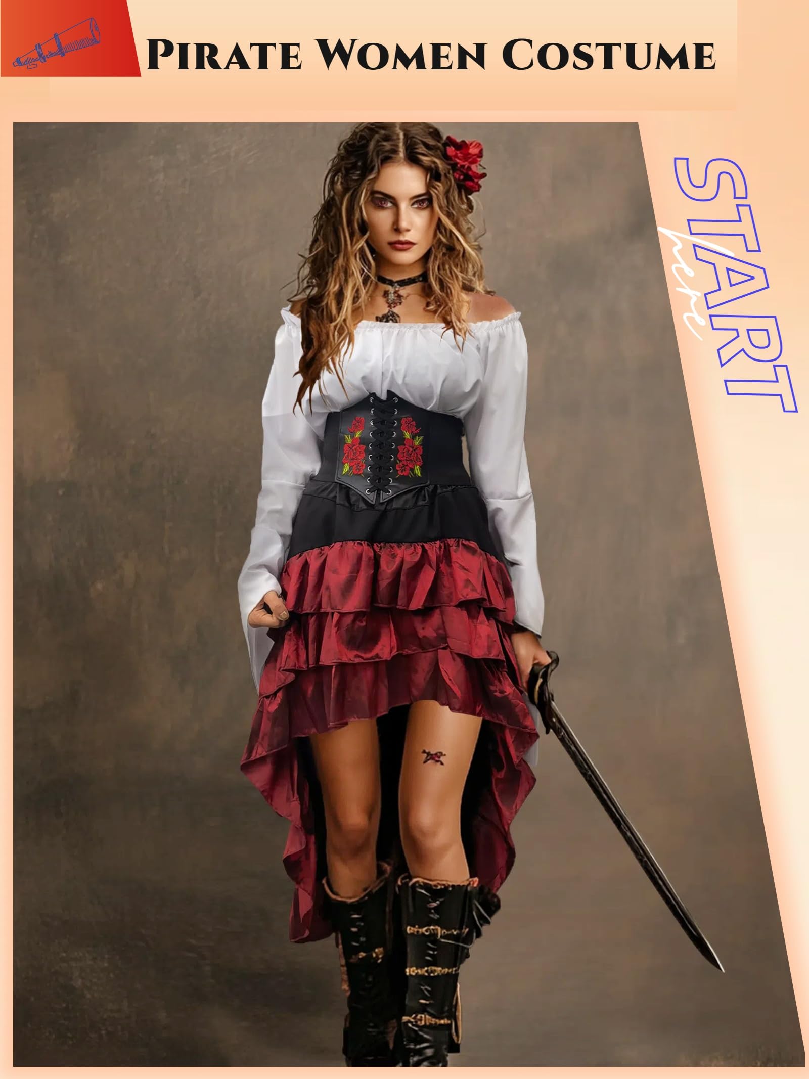Women’s Renaissance Pirate Costume – White & Red 3-Piece Set with Off-Shoulder Blouse, High-Low Skirt & Corset Waist Belt