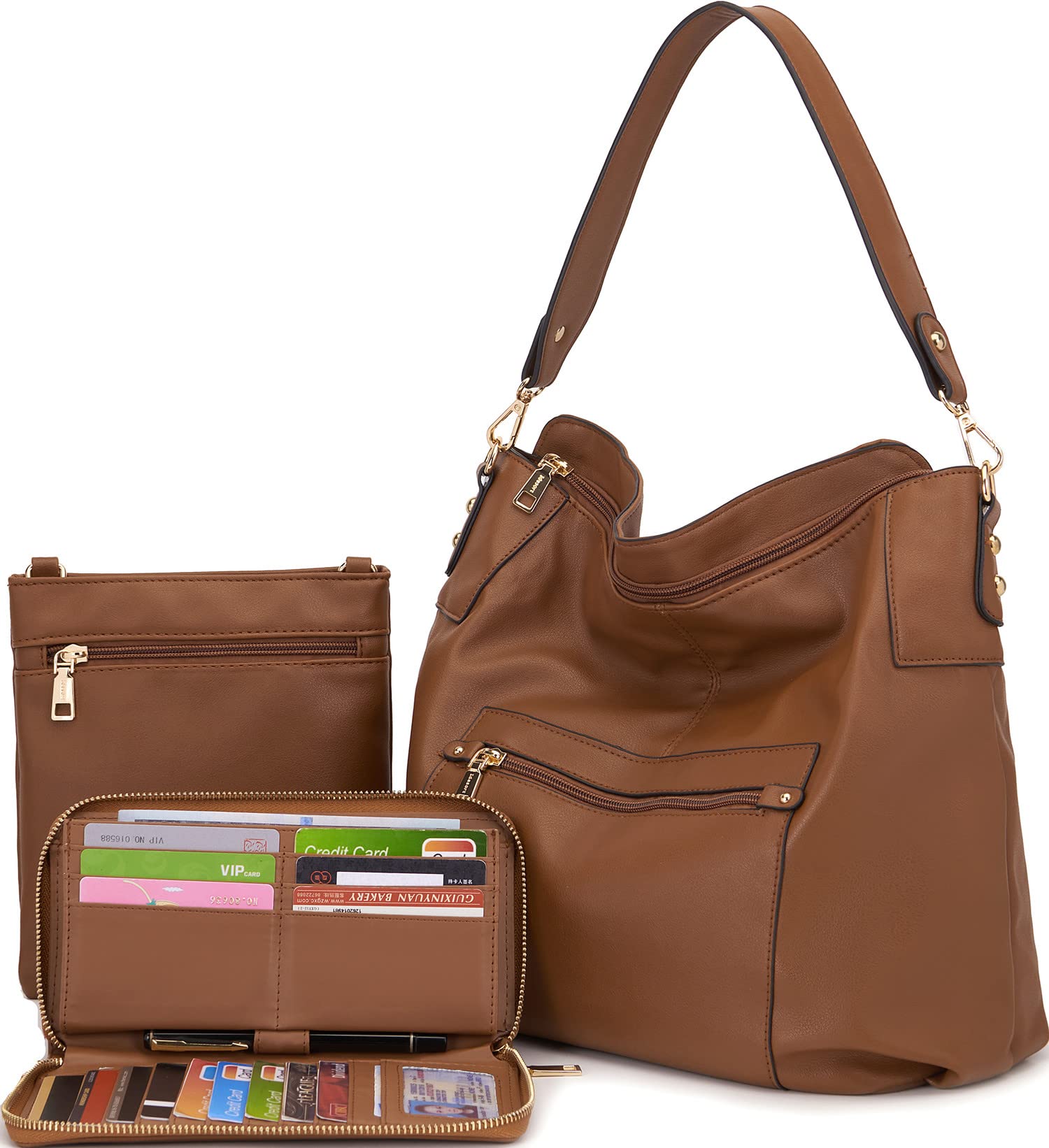 Large Crossbody Handbag Set for Women – 3PCS Hobo Shoulder Bag, Crossbody Purse & RFID Wallet (Brown)