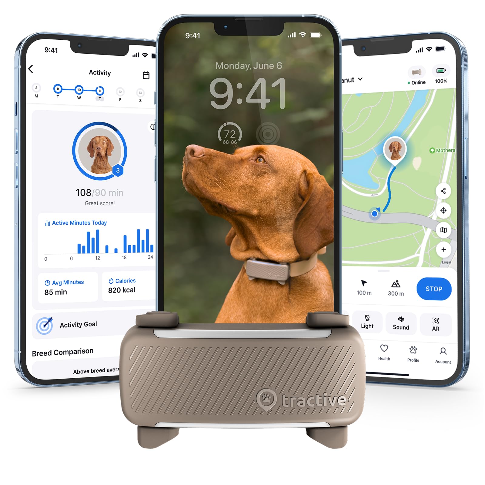 Tractive Smart GPS Dog Tracker with Health, Bark Monitoring & Virtual Fence Alerts – Waterproof Real-Time Pet Tracking Device (Brown)