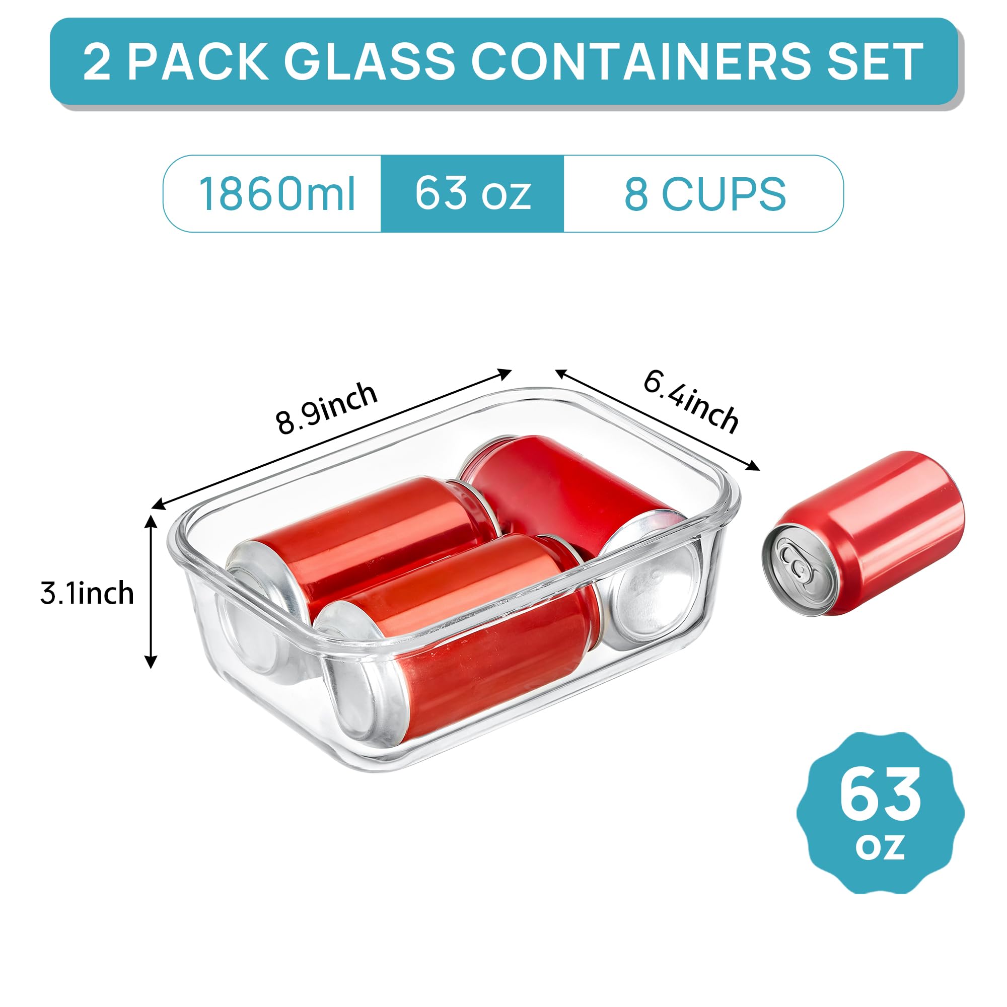 63oz Large Glass Food Storage Containers with Airtight Flip Lids – BPA-Free Borosilicate Meal Prep Set (Grey)