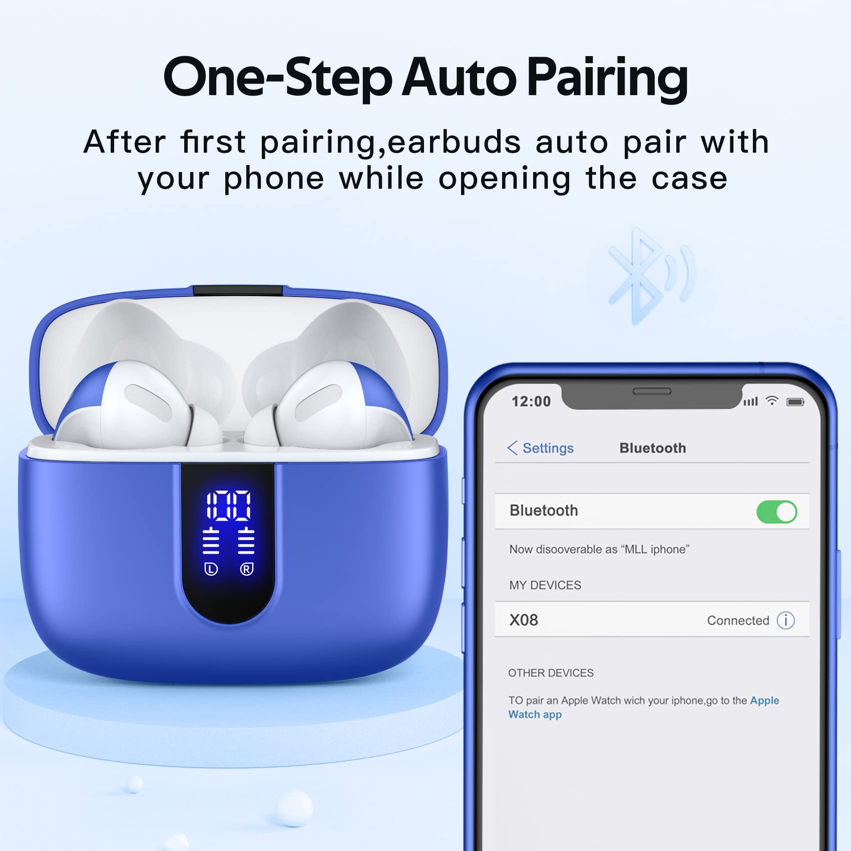 TAGRY X08 Wireless Bluetooth Earbuds Ocean Blue with LED Power Display, Wireless Charging Case & 60H Playback – Waterproof Stereo Headphones