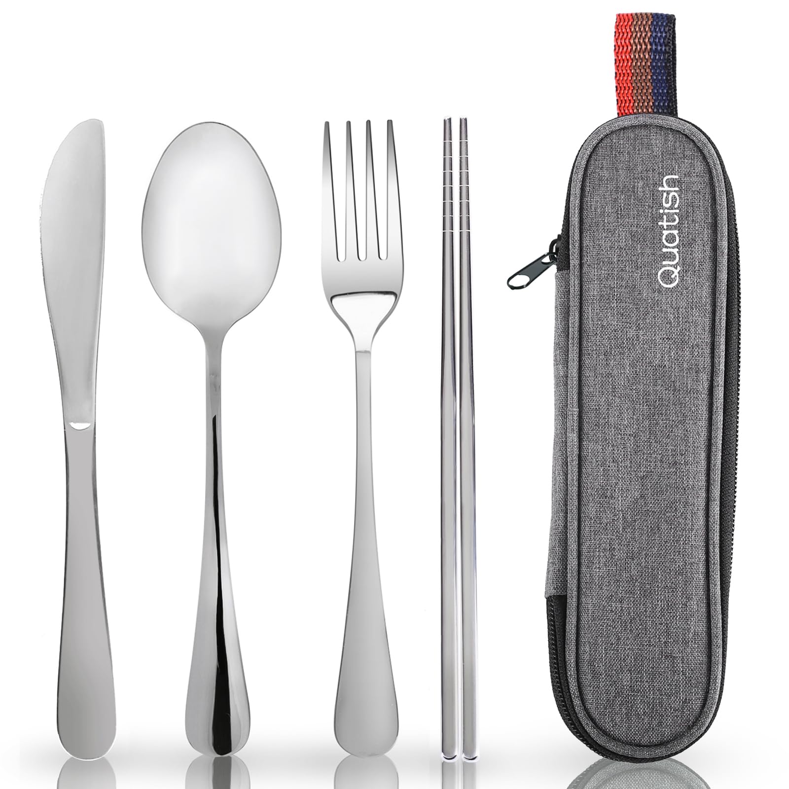 Portable Stainless Steel Travel Utensil Set with Case – Reusable Fork, Spoon, Knife & Chopsticks for Office, Camping & Lunch (Silver)