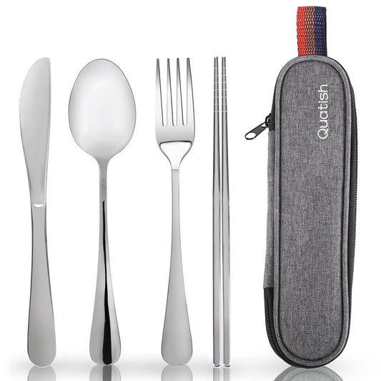 Portable Stainless Steel Travel Utensil Set with Case – Reusable Fork, Spoon, Knife & Chopsticks for Office, Camping & Lunch (Silver)