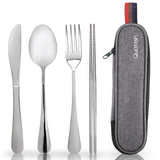 Portable Stainless Steel Travel Utensil Set with Case – Reusable Fork, Spoon, Knife & Chopsticks for Office, Camping & Lunch (Silver)