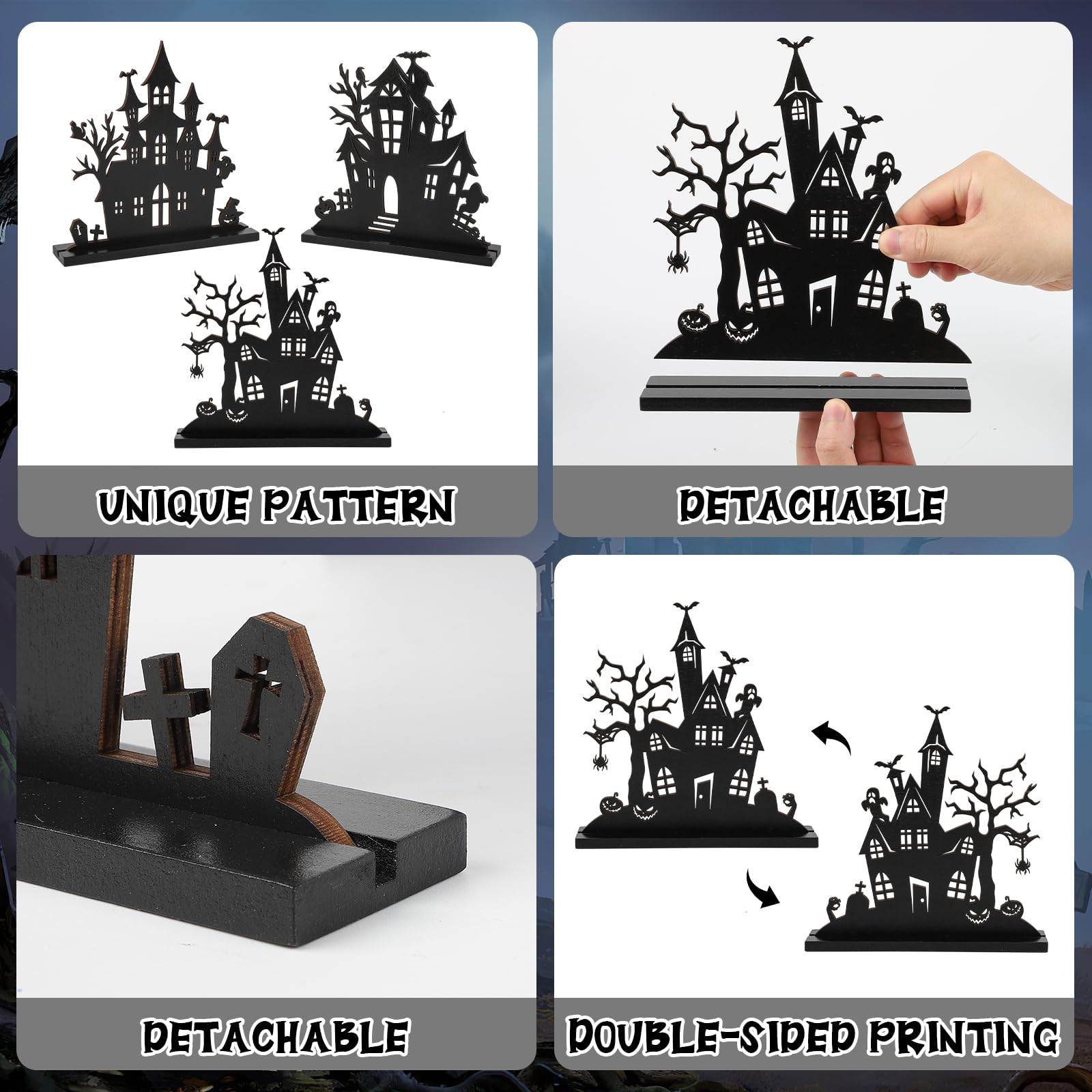 Haunted House Wooden Table Decor – 3Pcs Tiered Tray Halloween Centerpieces with Double-Sided Design (Black, Vintage Style)
