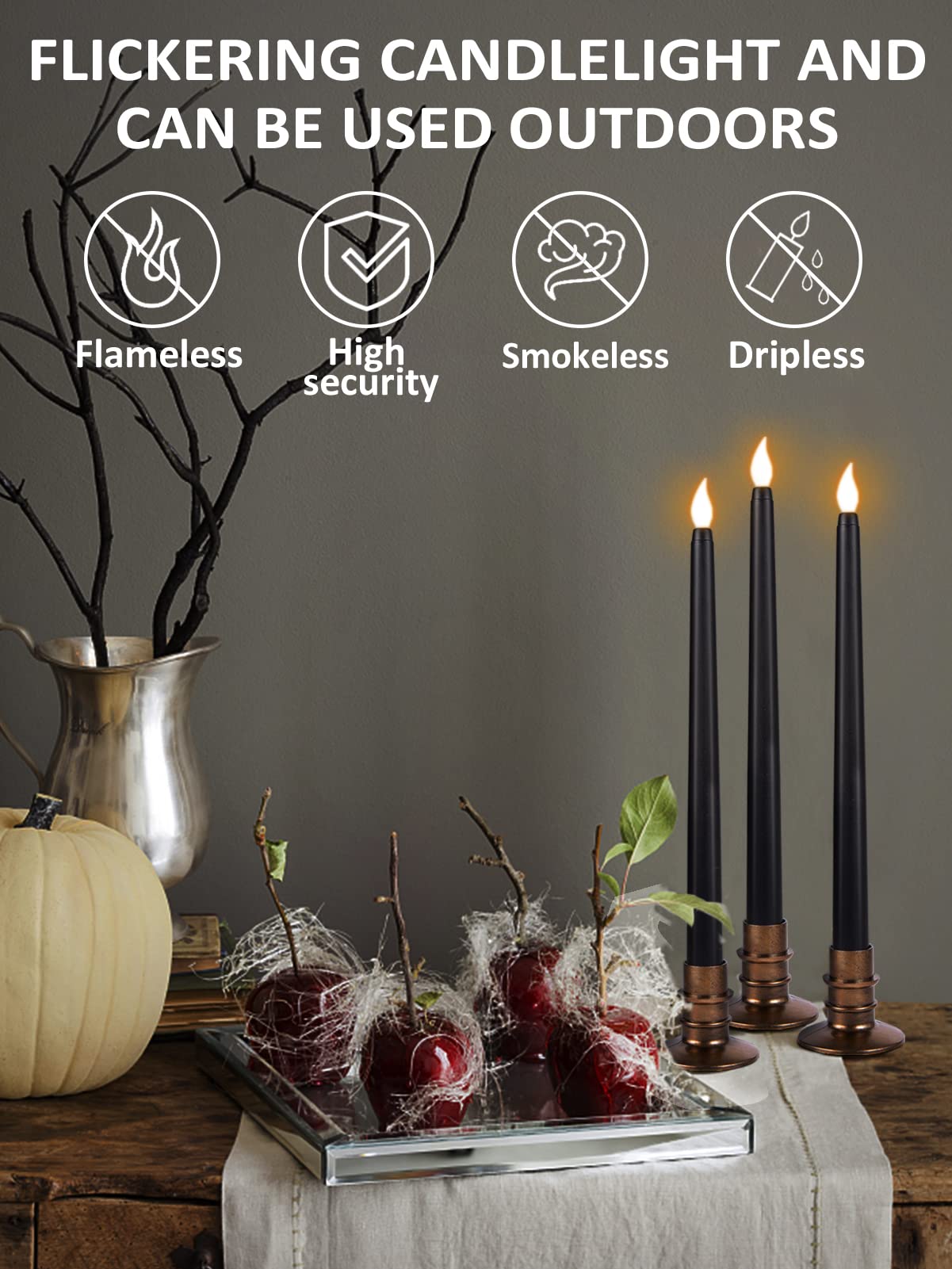 6 Pcs Black LED Halloween Candles with Holders – Flickering Flameless Tapered Candles for Spooky Decor