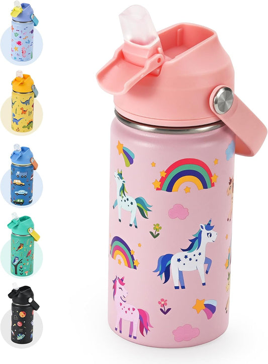 14 oz Kids Insulated Water Bottle with Silicone Straw – Leakproof Stainless Steel School Bottle