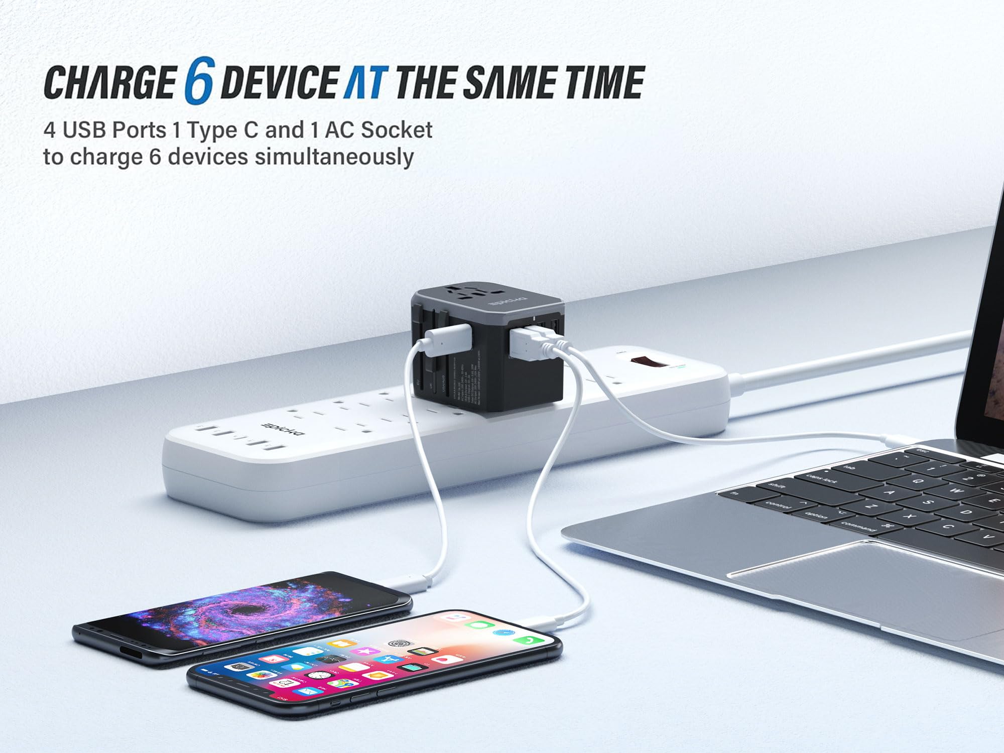 EPICKA Universal Travel Adapter – 6-in-1 Worldwide Plug with USB-C & 4 USB-A Ports (Grey)