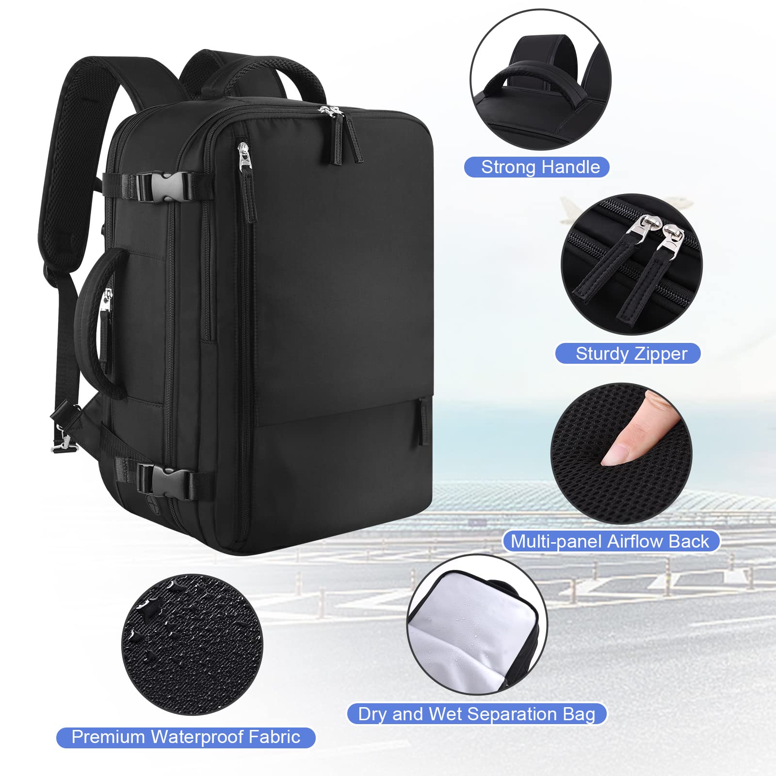 SINALIY Expandable 40L Carry-On Travel Backpack with Convertible Carry & 17” Laptop Sleeve – Black