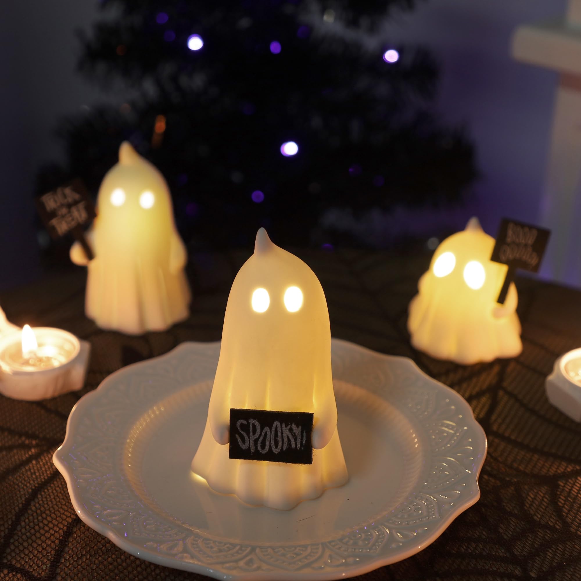 Ceramic Lighted Halloween Ghost Figurines – Set of 3 Cute White LED Ghosts with Signs “Boo”, “Spooky”, “Trick or Treat”