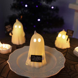 Ceramic Lighted Halloween Ghost Figurines – Set of 3 Cute White LED Ghosts with Signs “Boo”, “Spooky”, “Trick or Treat”