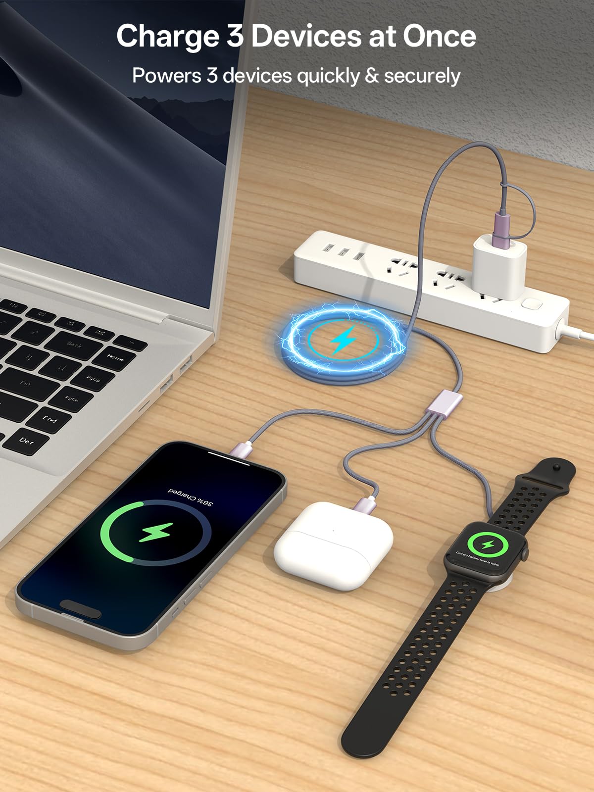 3-in-2 Fast Charging Cable with Dual USB-C & Magnetic Watch Charger – Multi Device Travel Charging Cord Grey