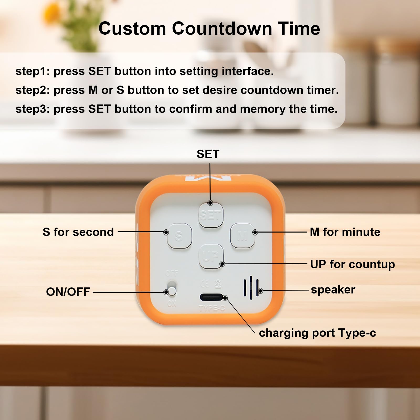 Rotating Visual Pomodoro Timer Cube with LED Ring, Memory Preset & Detachable Silicone Cover, Rechargeable Flip Countdown for Study, Work & Kitchen – Black