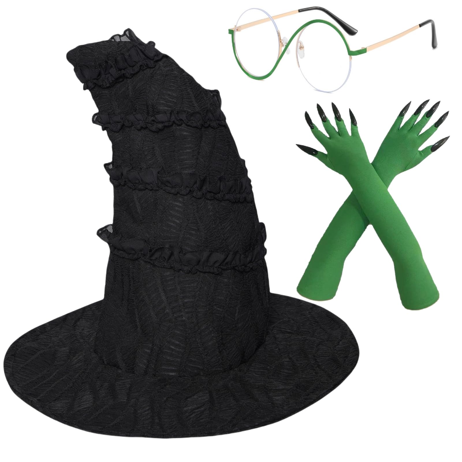 Green Witch Costume Accessory Set – Witch Hat, Green Gloves & Round Glasses for Women 🧙‍♀️💚✨