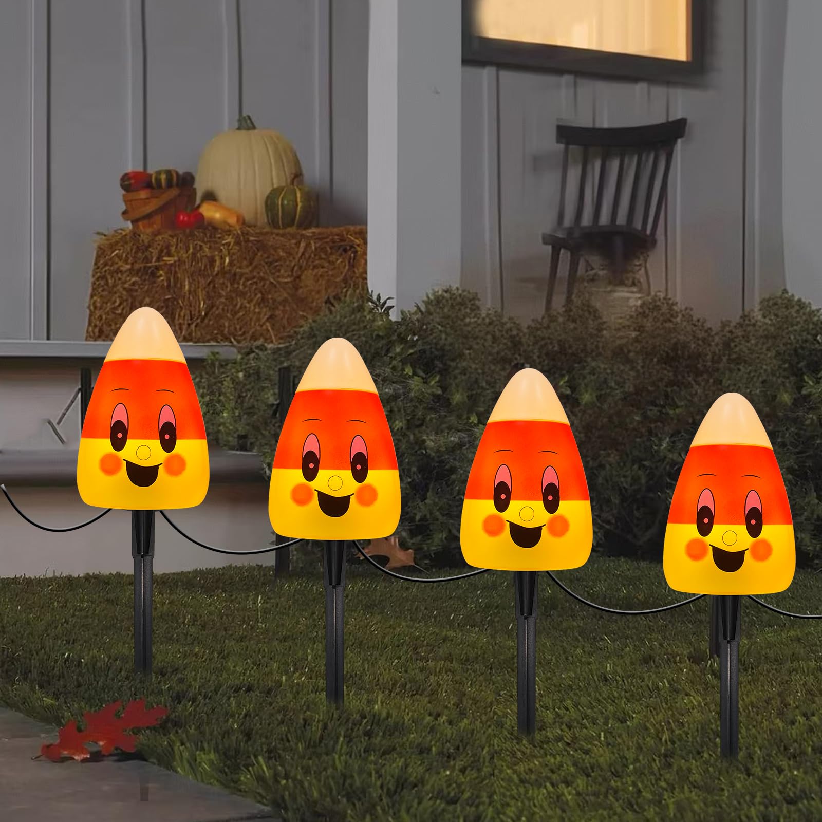 7FT Halloween Candy Corn Pathway Lights – Outdoor LED Walkway Marker Stakes (4 Corncob Lights, Waterproof, Connectable)