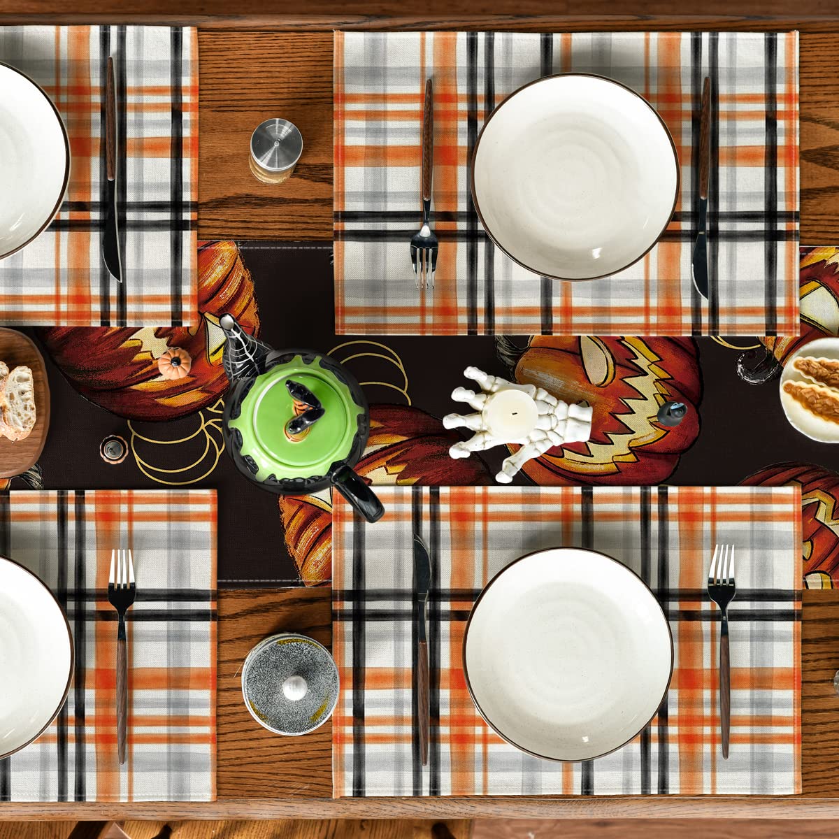 Halloween Placemats Set of 4 – Orange & Black 100% Polyester Table Mats by Artoid Mode (18x12”)
