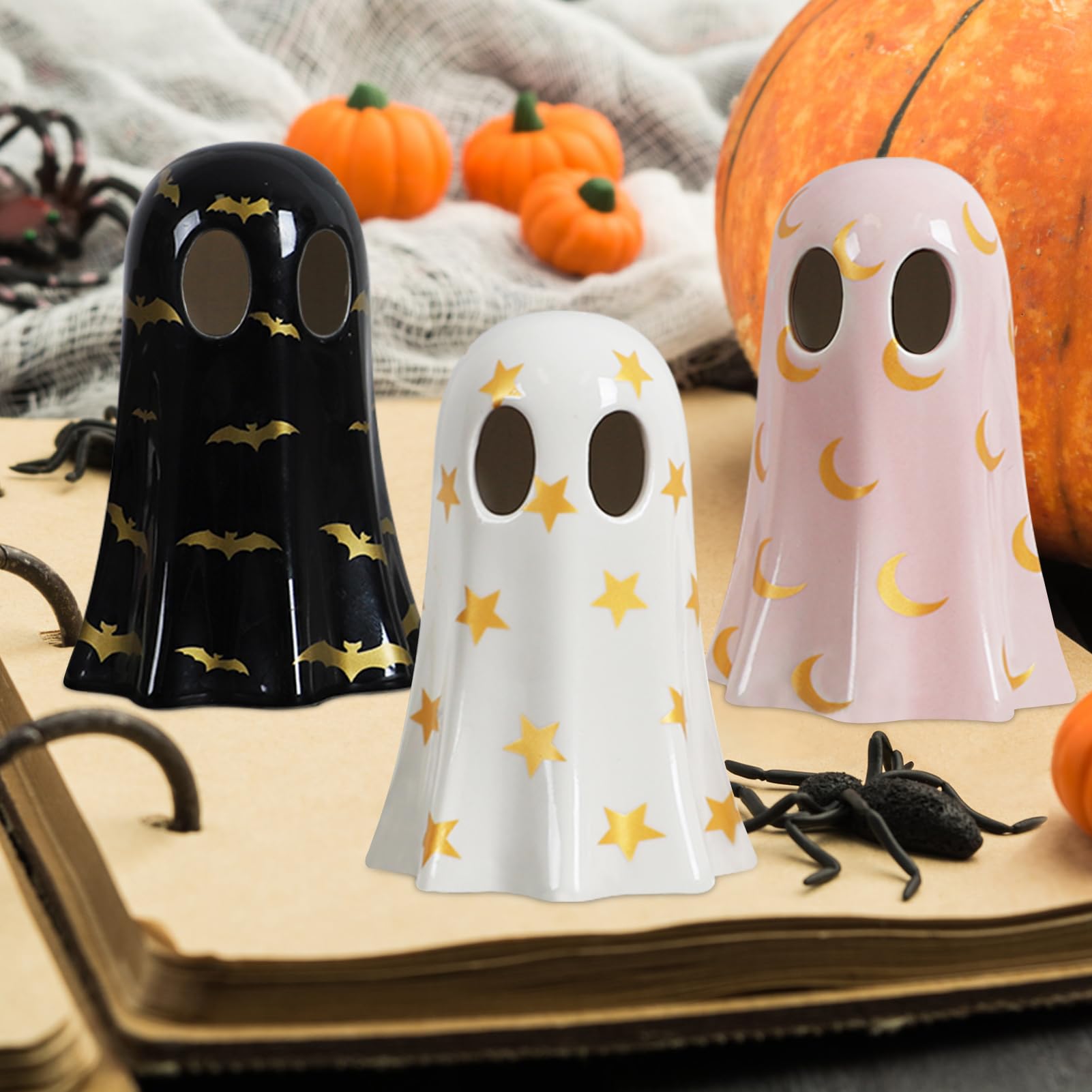 Ceramic Ghost Halloween Décor Set – 3-Piece Light Yellow Ghost Figurines with Witch Hats & Tea Lights