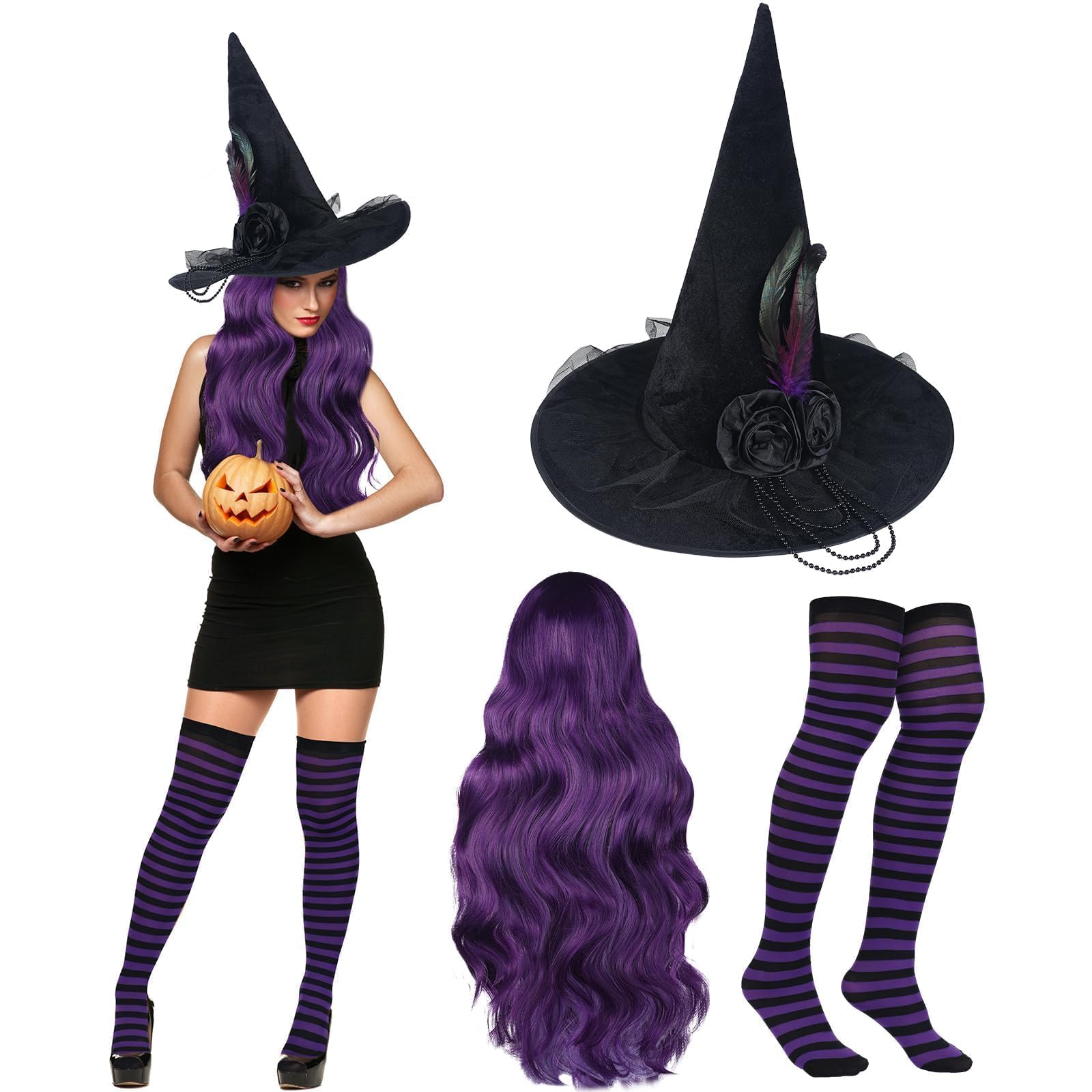 Purple Witch Costume Accessories Set – 3-Piece Halloween Kit with Black Hat, Wig & Striped Stockings