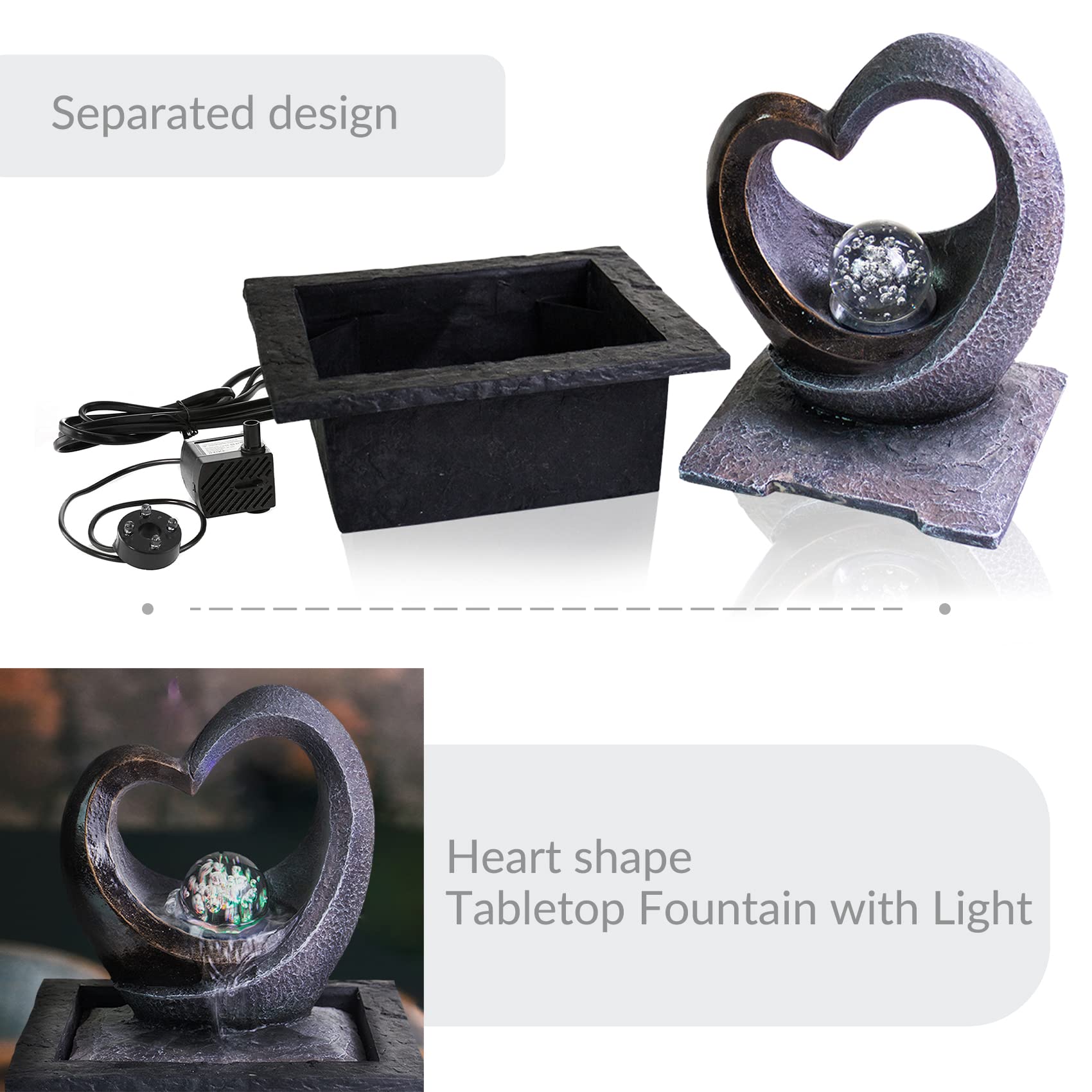 Modern RGB LED Tabletop Waterfall Fountain with Crystal Spin Ball – Polyresin Indoor Zen Decor (Black)