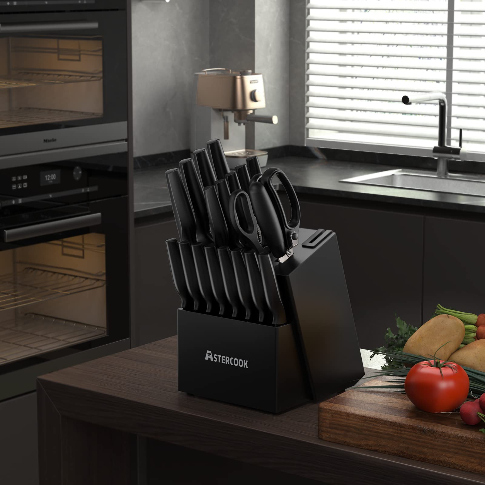 21-Piece Black Knife Block Set with Built-In Sharpener – German Steel, Non-Stick & Rust-Resistant