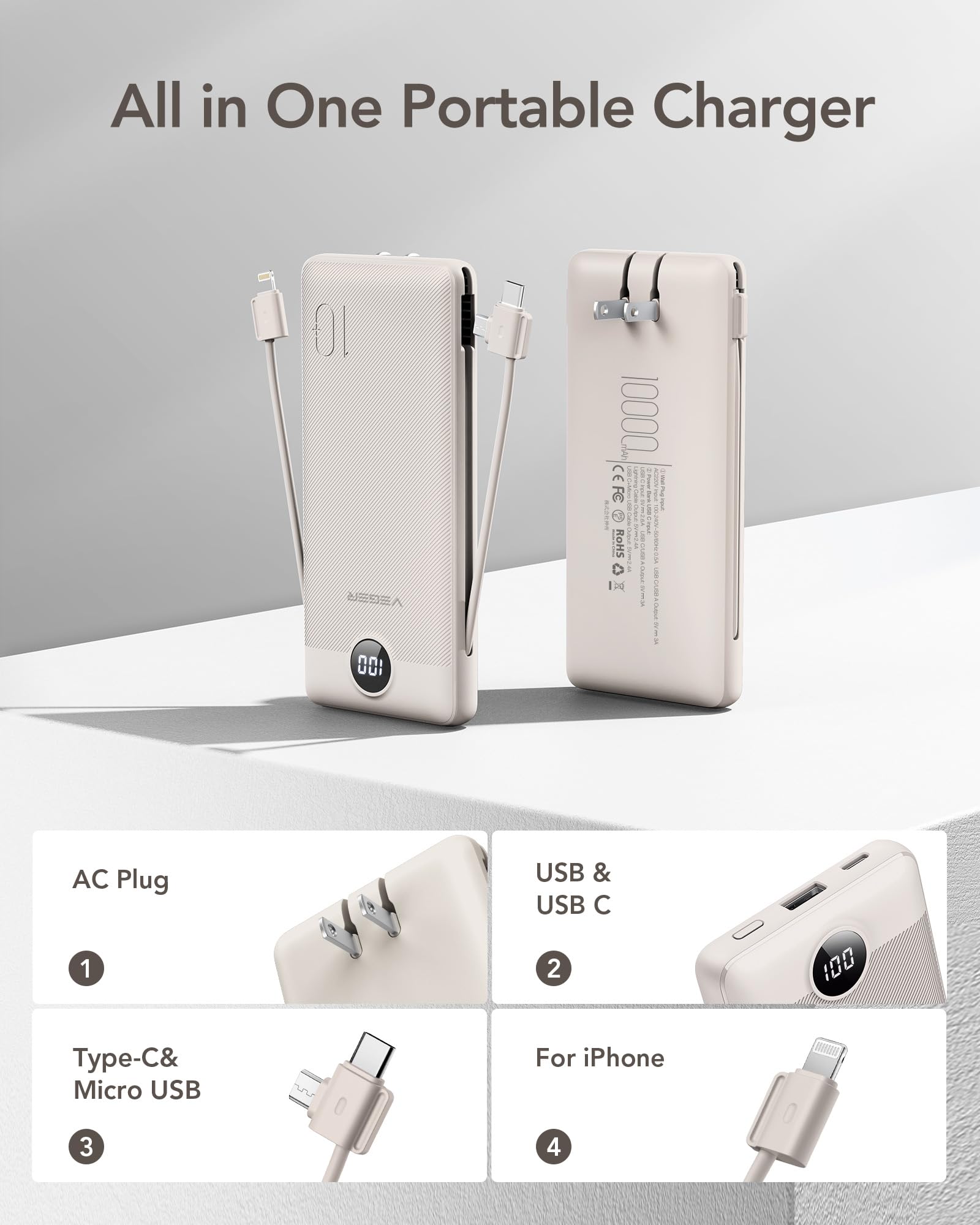 VEGER 10000mAh Portable Power Bank with Built-In Cables & AC Plug – Ultra Slim Fast Charging Travel Charger