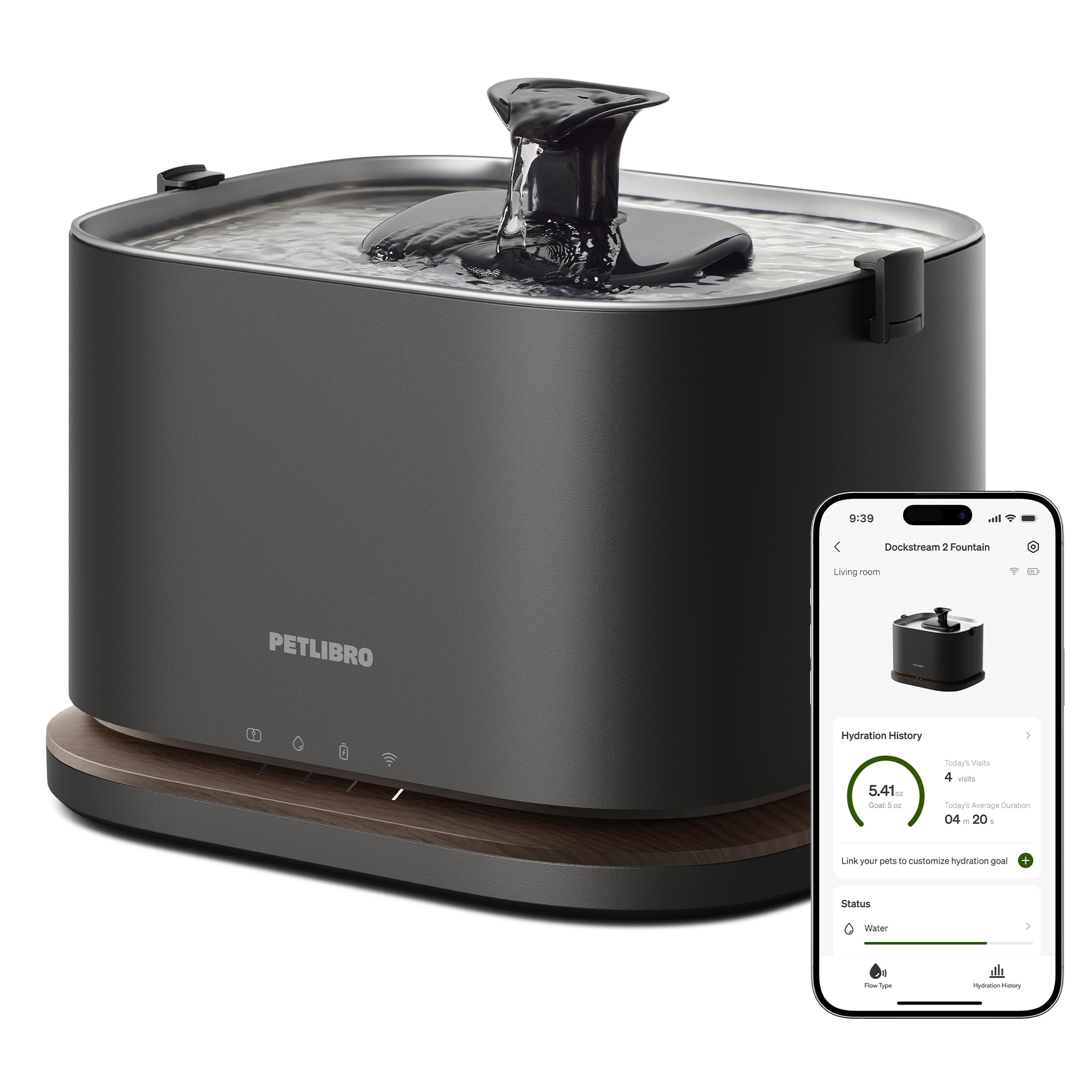 PETLIBRO Dockstream 2 Smart Stainless Steel Cat Water Fountain – WiFi App Tracking & Cordless Sensor Mode (Black)