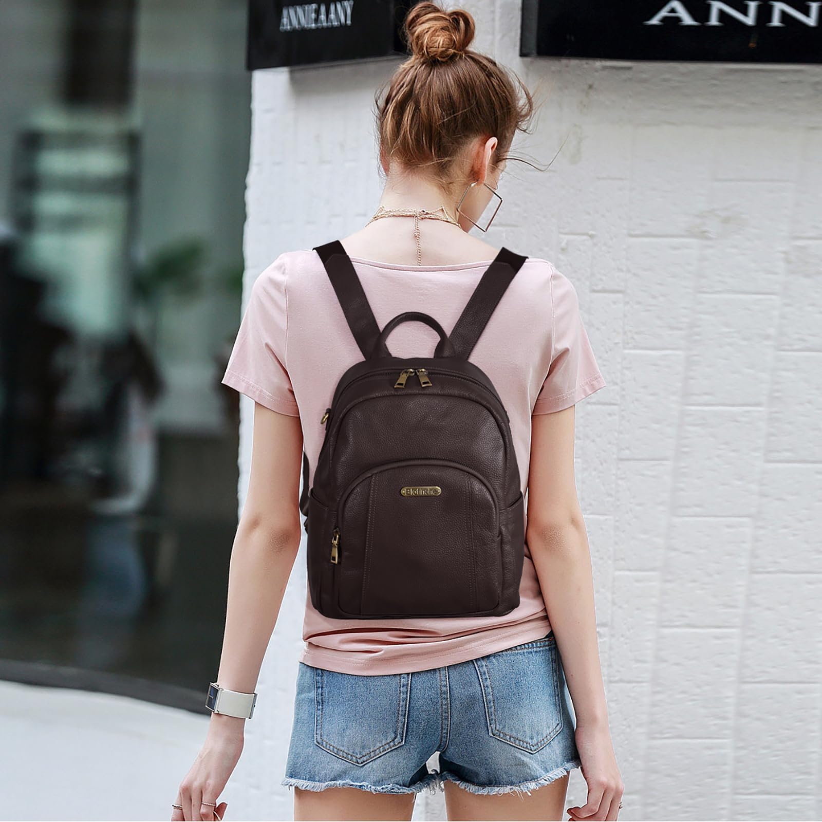 Women’s Genuine Leather Travel Backpack with Anti-Theft Pocket – 12.9-Inch Laptop, Coffee Brown