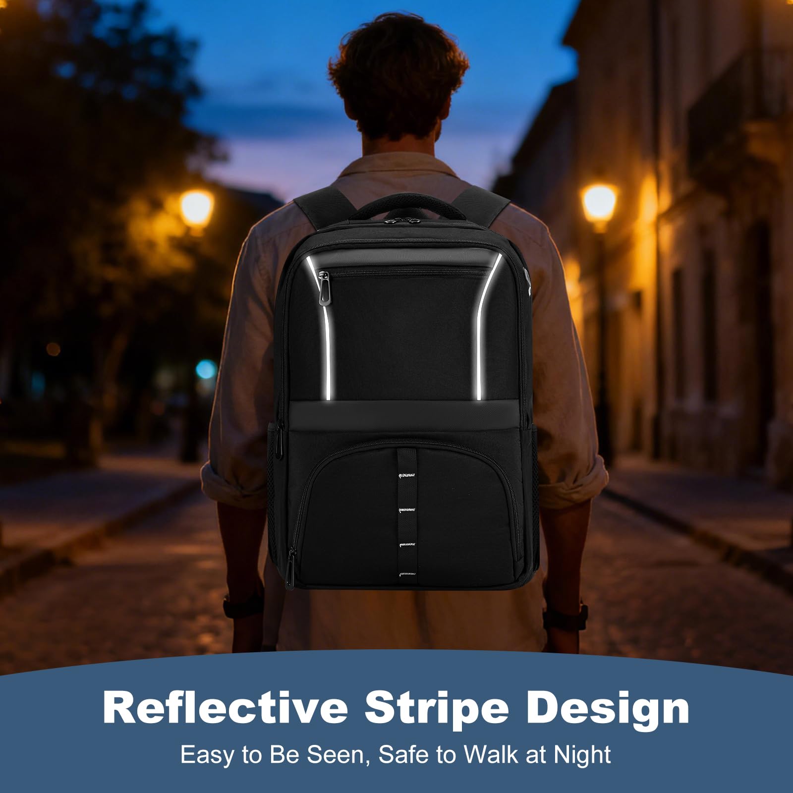 30L Carry-On Travel Laptop Backpack with USB Cable Port & Reflective Safety Design – Fits 17.3” – Black