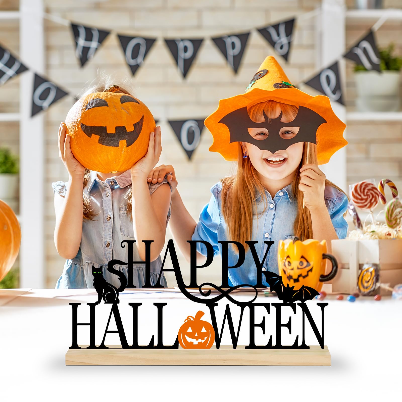 Metal Happy Halloween Table Sign – Black & Orange Desktop Decoration with Wooden Base (Multi-Color)