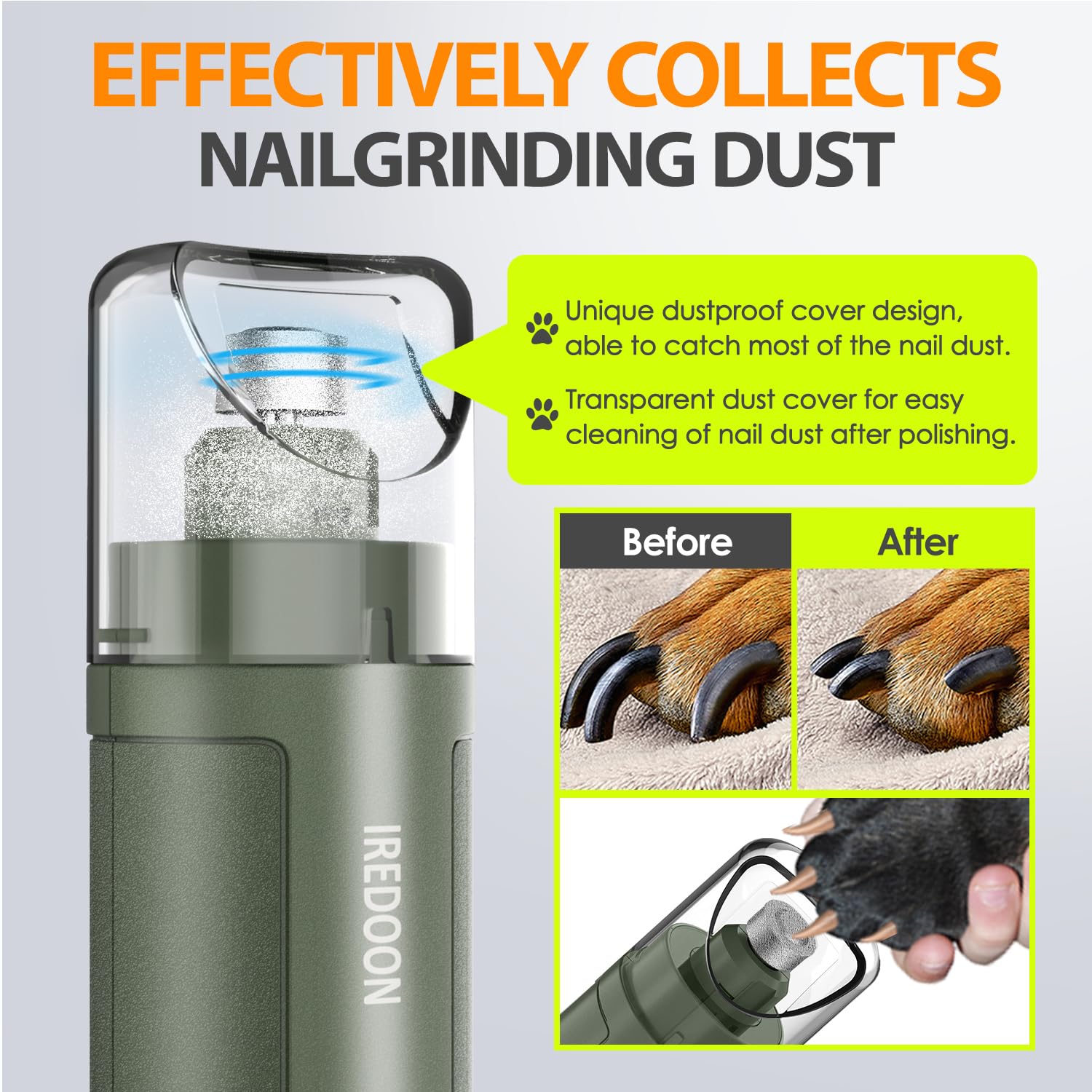 IREDOON Professional Dog Nail Grinder with LED Display & Quiet Motor – Rechargeable Pet Nail Trimmer with Adjustable Speeds (Matte Green)