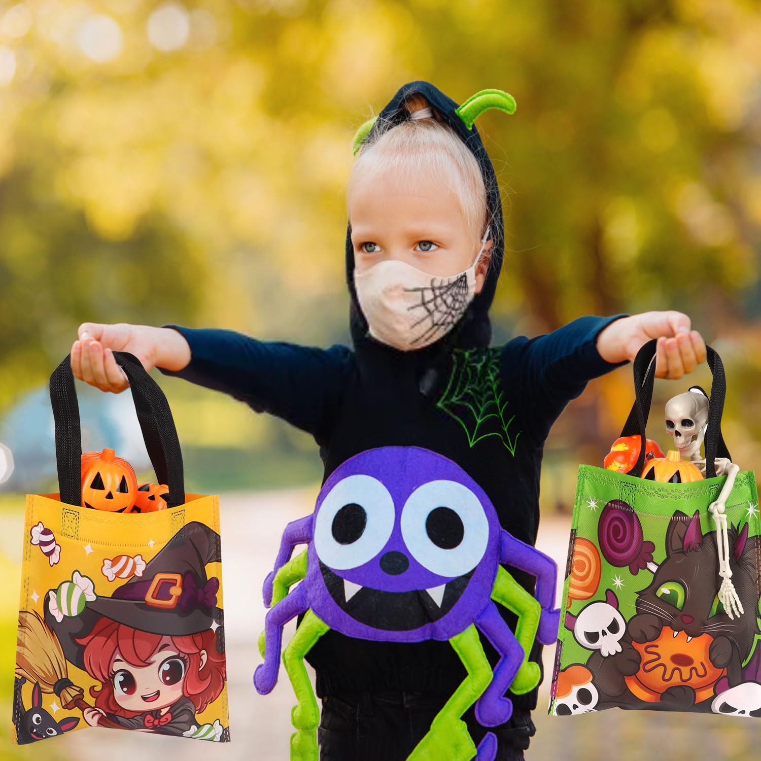 CCINEE 24pcs Halloween Non-Woven Treat Bags for Kids, Large Totes Bags Bulk Trick Or Treat Party Favor Goodies Gifts Bag with Handles for Party