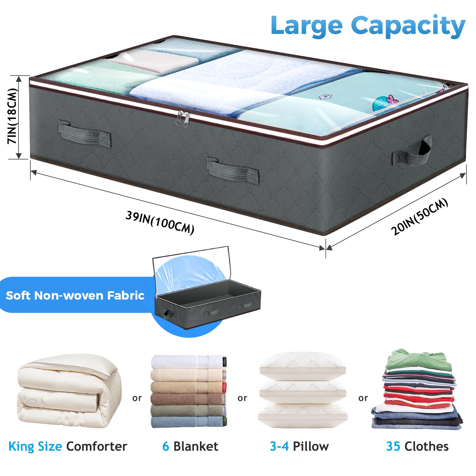 Budding Joy 90L Under Bed Storage Containers – Foldable Closet Organizer Bags with Clear Window (Grey)
