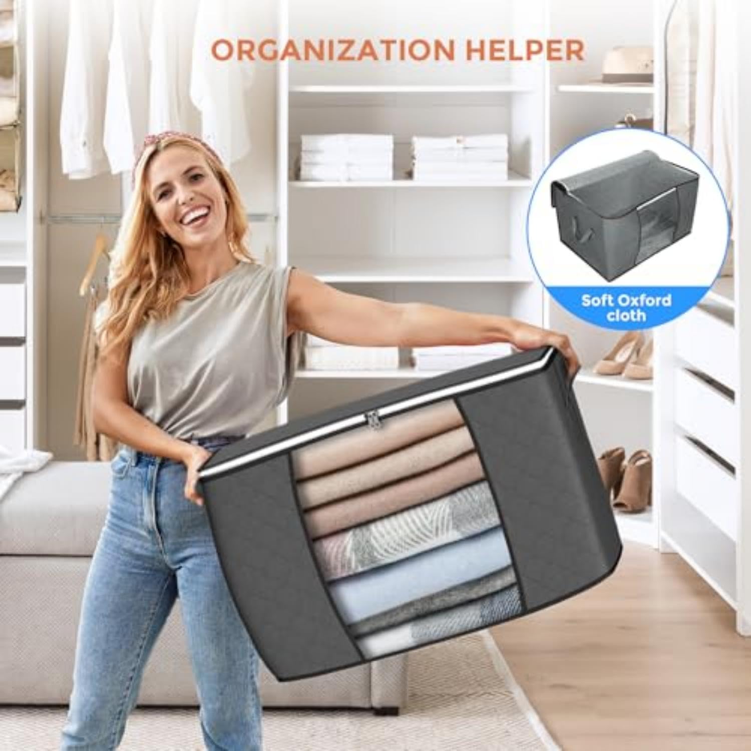 90L Large Fabric Storage Bags (6-Pack) – Foldable Closet Organizers with Reinforced Handles & Clear Window, Grey