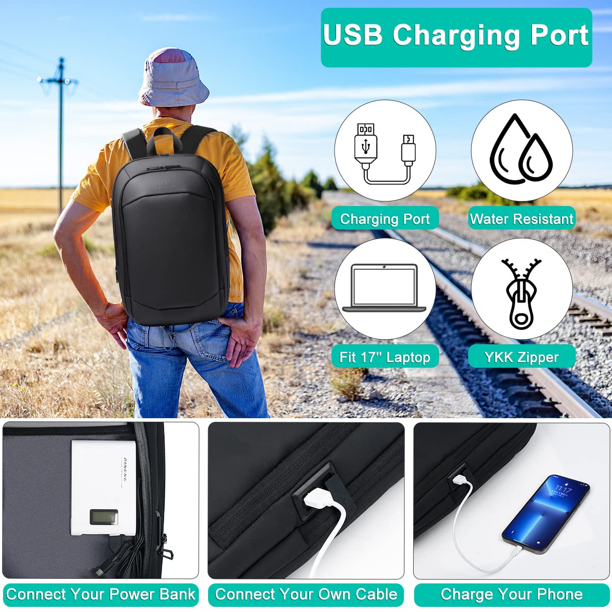 17″ Slim Expandable Business Laptop Backpack with USB Charging Port – Waterproof & Anti-Theft Travel Backpack (Black)
