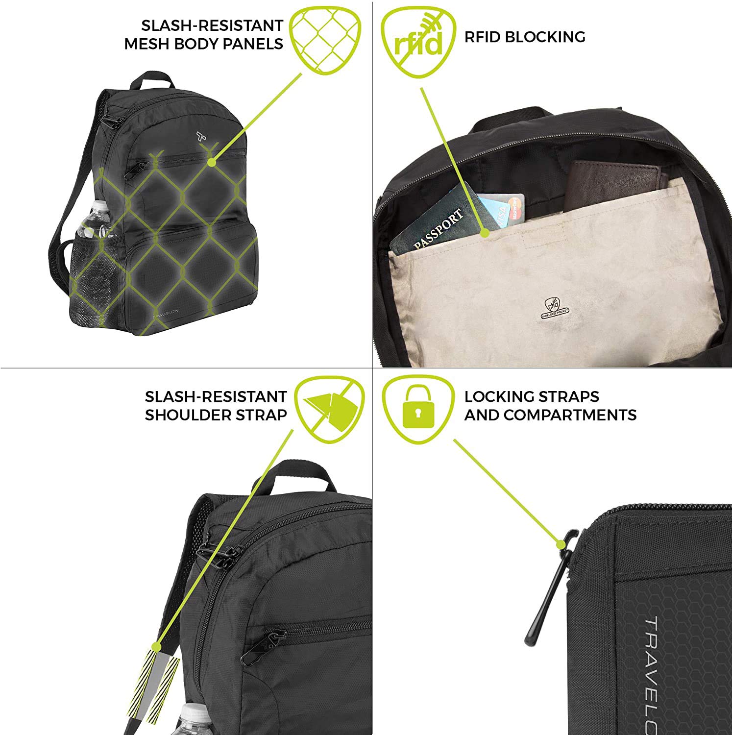 Travelon Active Packable Anti-Theft Backpack – Lightweight Foldable Travel Daypack with RFID Protection (Black)
