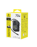Baseus 70W Universal Travel Adapter – 6-in-1 Worldwide Charger with Retractable USB-C Cable (Black)