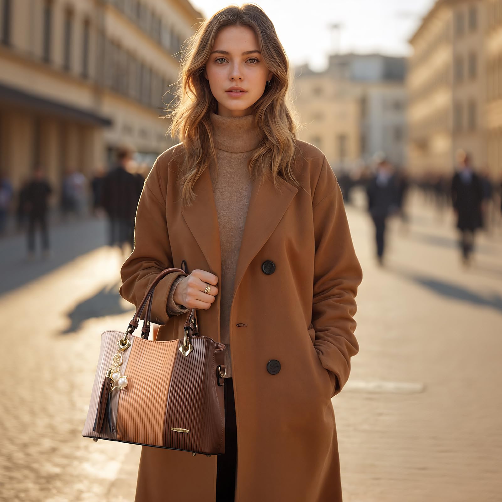 Pomelo Best Women’s Color Block Satchel Handbag – PU Leather Top Handle Tote with Multiple Pockets & Crossbody Strap (Brown Combination)