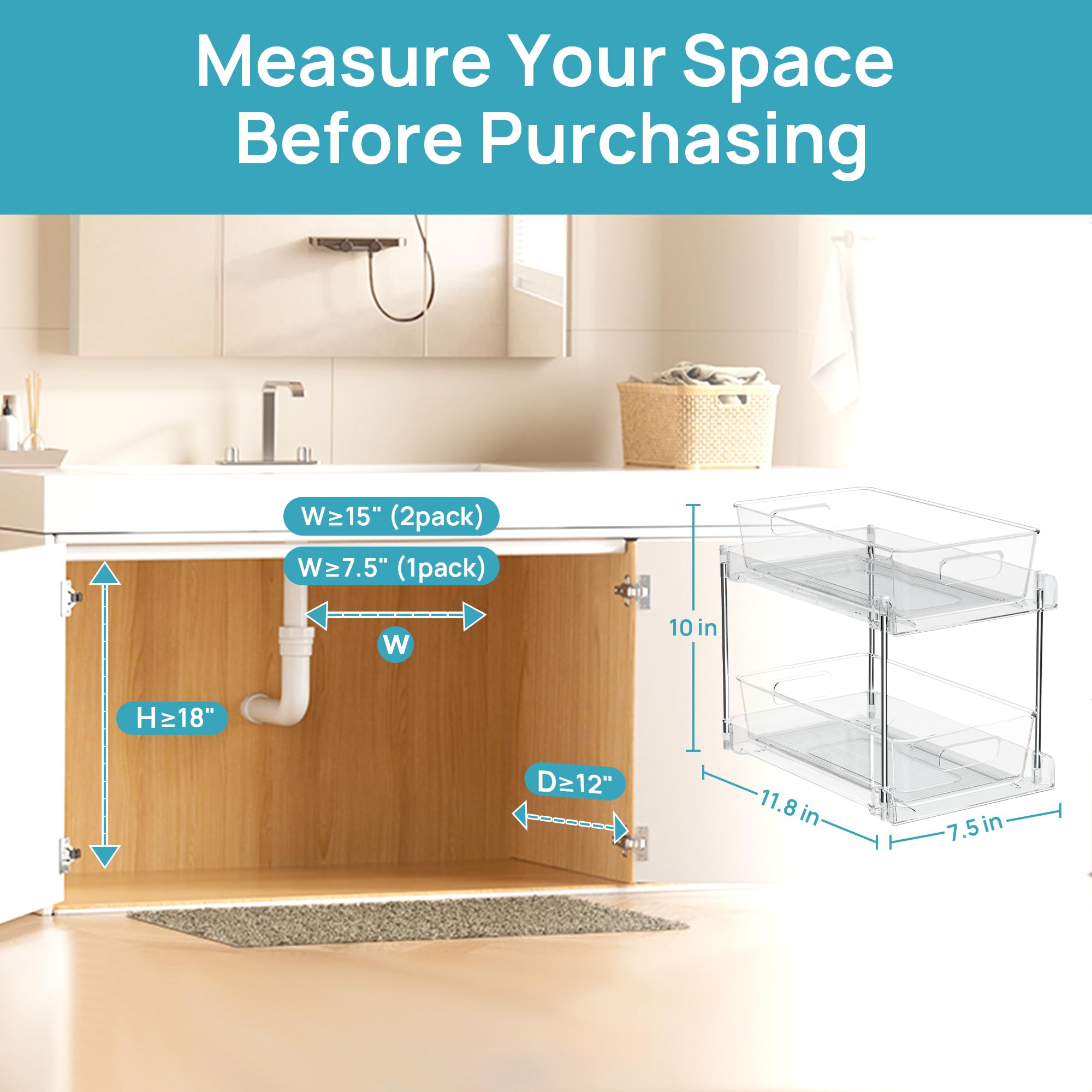 2-Tier Under Sink Organizer with Slide-Out Drawers – Clear Bathroom & Kitchen Storage Rack with Handles