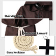 Brown Medieval Friar Robe Set – 6-Piece Hooded Monk Costume with Cross Necklace & Belt for Halloween & Cosplay ✝️🕯️