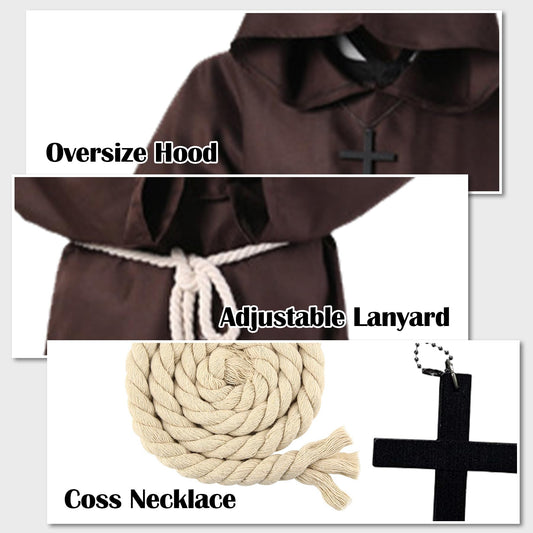 Brown Medieval Monk Robe – Hooded Friar Cloak with Rope Belt for Halloween & Renaissance Cosplay ✝️🕯️