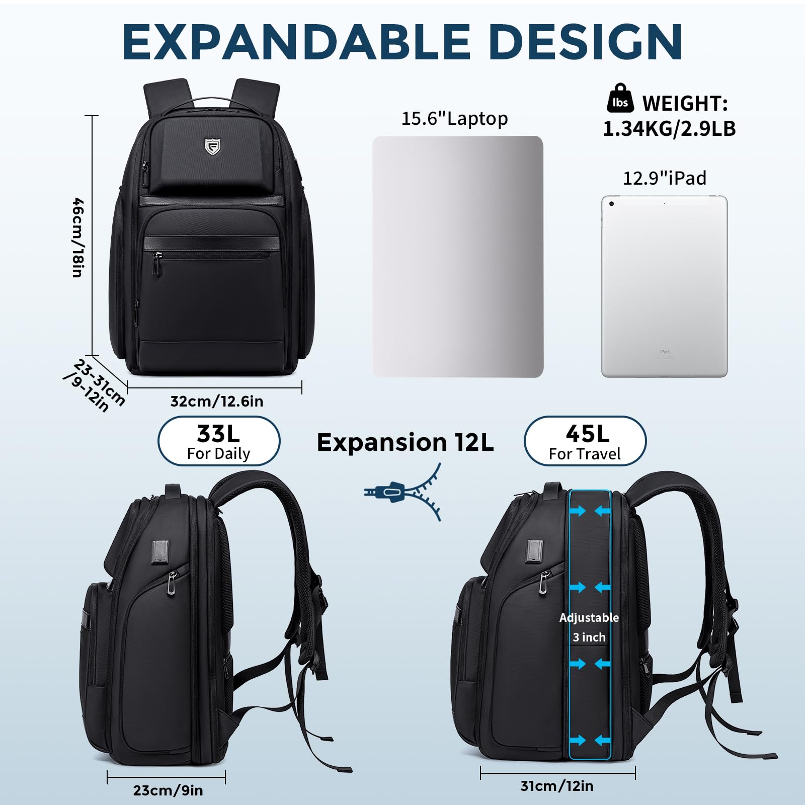 FENREE.GEER Expandable 45L Travel Laptop Backpack with Hardshell Design, USB Ports and 15.6” Laptop Compartment