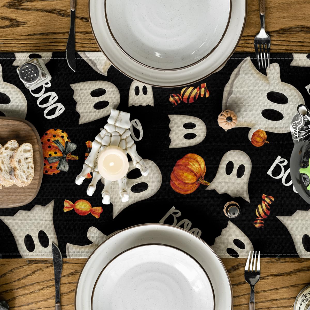 Artoid Mode Ghost Pumpkin Camdy 210 GSM Halloween Table Runner,Seasonal Fall Kitchen Dining Table Decoration for Home Party Decor 13x72 Inch