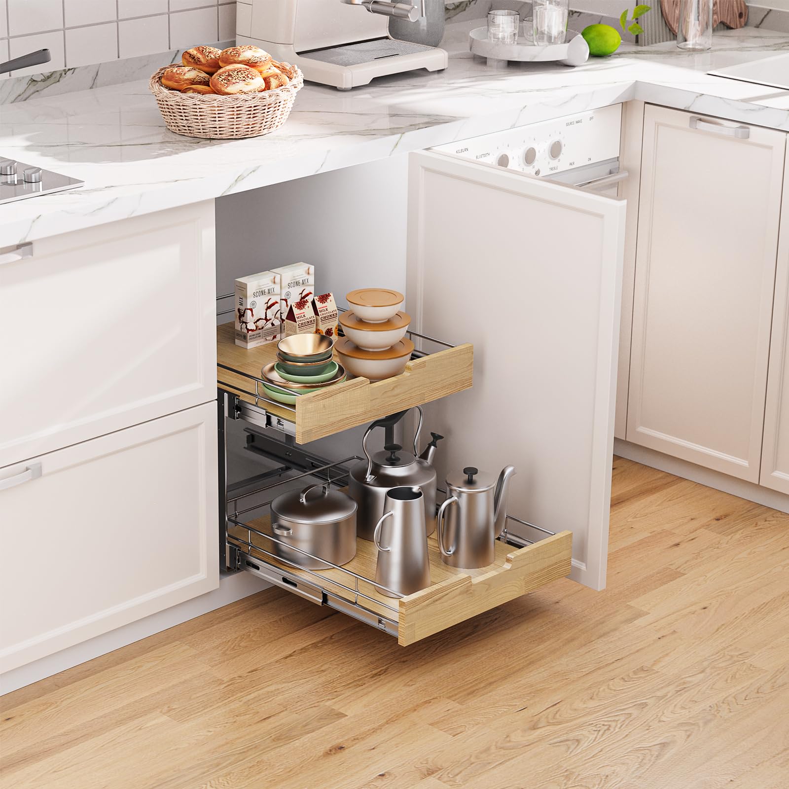 Wide Solid Wood & Wire Pull-Out Cabinet Organizer – Heavy-Duty 2-Tier Slide-Out Shelf