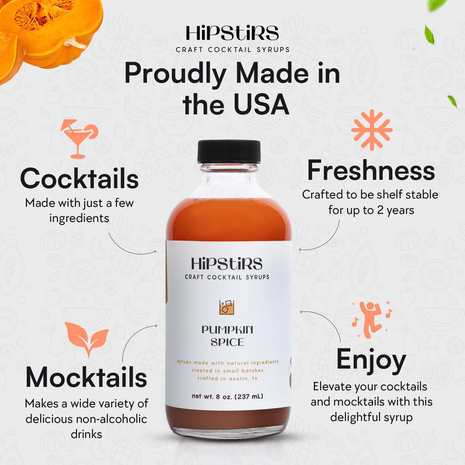 HipStirs Pumpkin Spice Syrup – All-Natural Vegan Drink Mix for Coffee, Cocoa & Cocktails (8 oz)