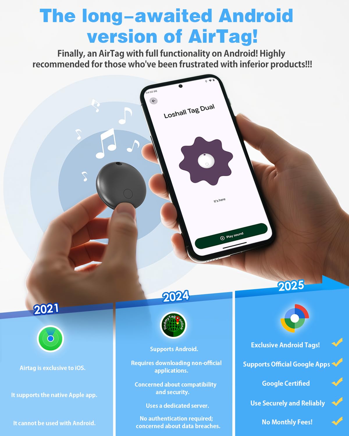 Android Find Hub Bluetooth Tracker Tag, UWB Distance Display, 95dB Loud Alert, IP65 Waterproof, 2-Year Battery, Google Certified Item Locator