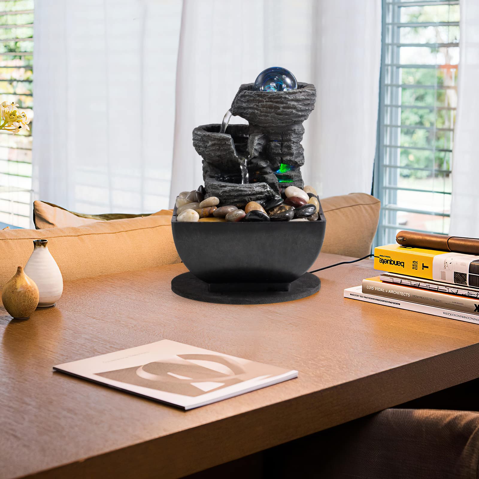 Modern Black Tabletop Water Fountain with LED Crystal Ball – Compact Indoor Zen Decor