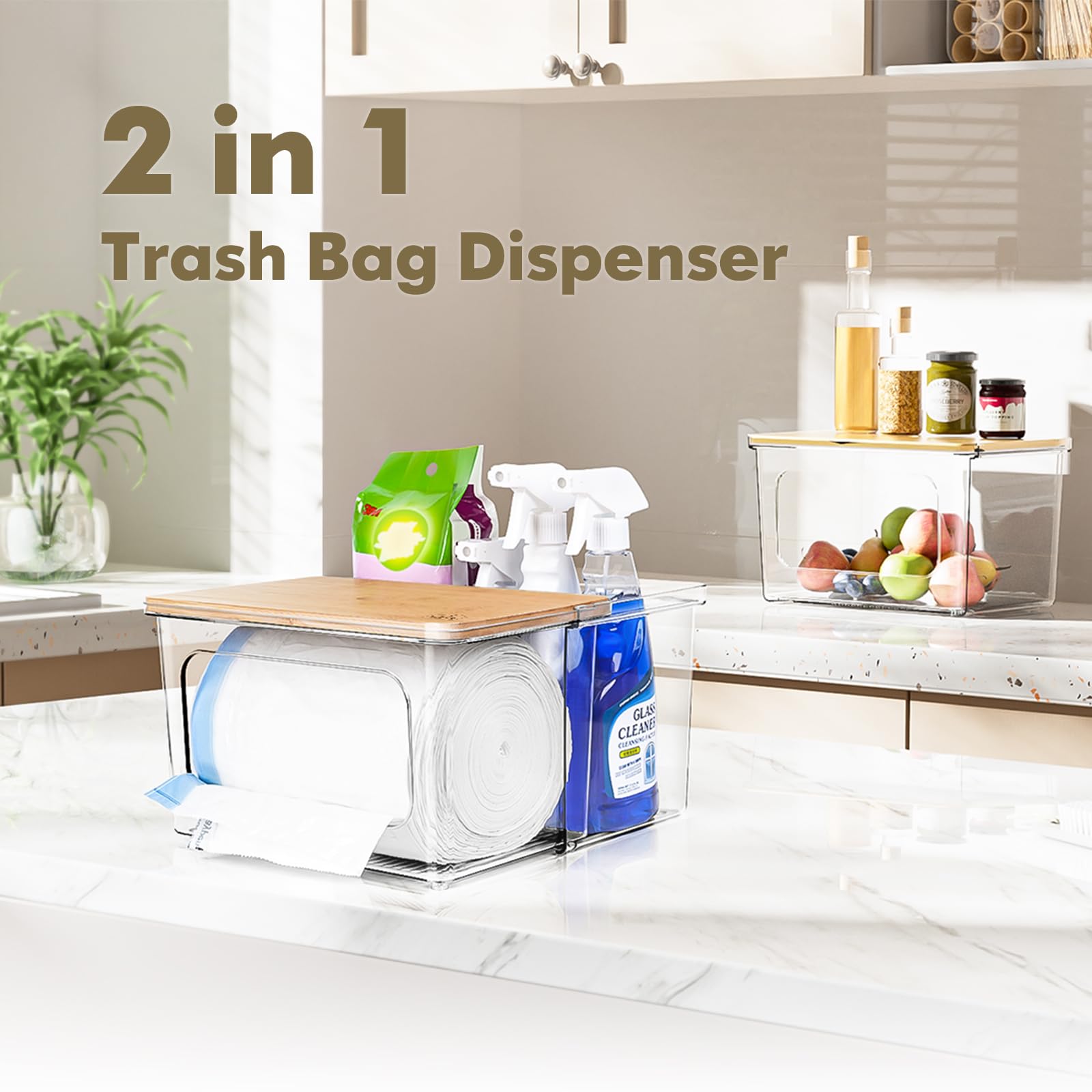 2-in-1 Trash Bag Dispenser & Pull-Out Under-Sink Organizer – Acrylic with Bamboo Lid (Clear)