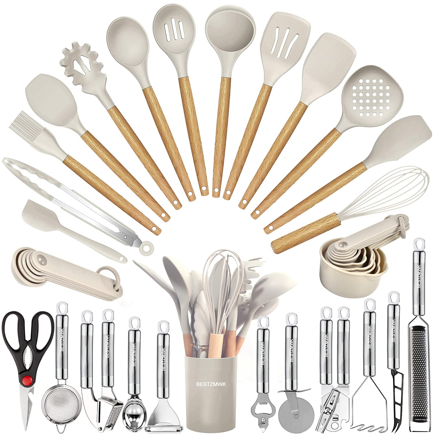 35-Piece Silicone Kitchen Utensil Set with Wooden Handles & Storage Holder