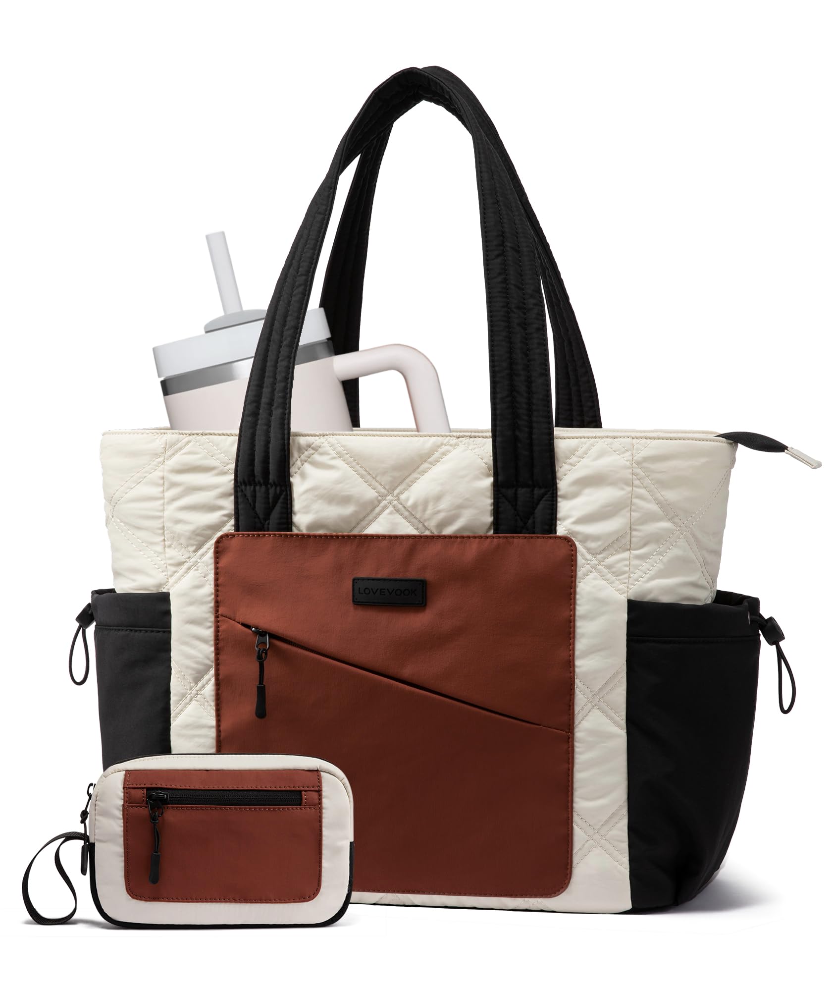 LOVEVOOK Puffer Tote Bag for Women – Quilted Work & Travel Tote with Zipper, Cup Holder & Luggage Sleeve (15.6”, Cream/Black/Brown)